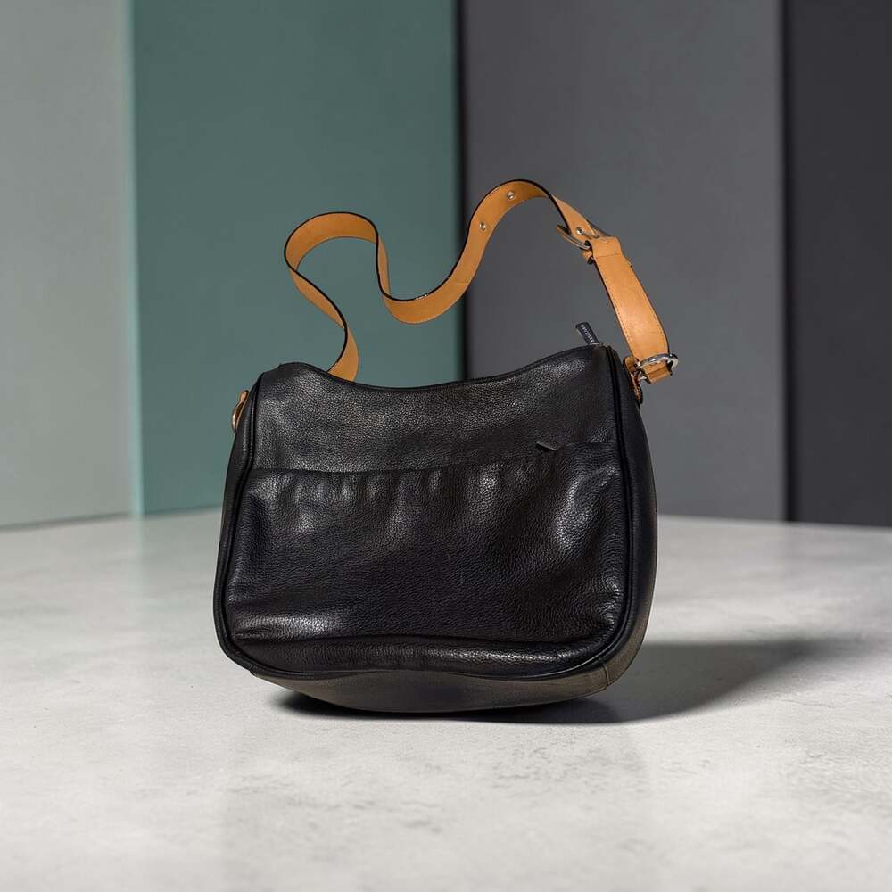 Kesslord Paris France Black Pebbled Leather Shoulder Bag with Tan Strap